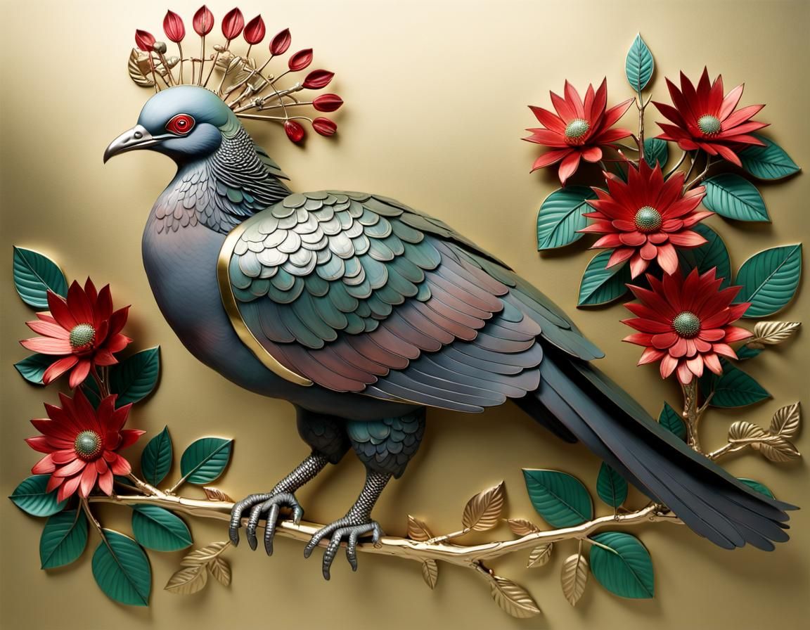 Crowned Pigeon Sculpture with Titanium and Gold