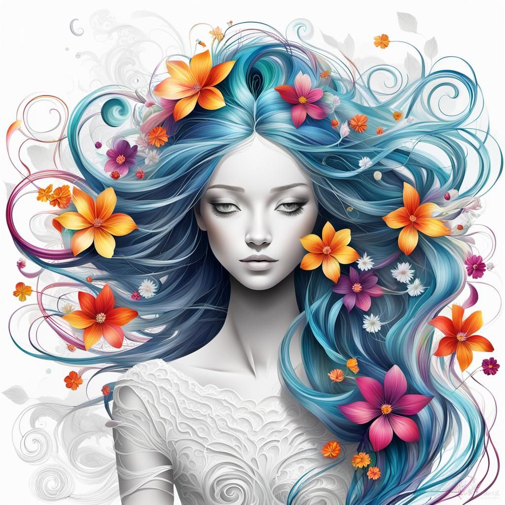 a young girl made of intricate wire craft with flowing wind blown hair, adorned with flowers, whimsical, dreamy, and mon...
