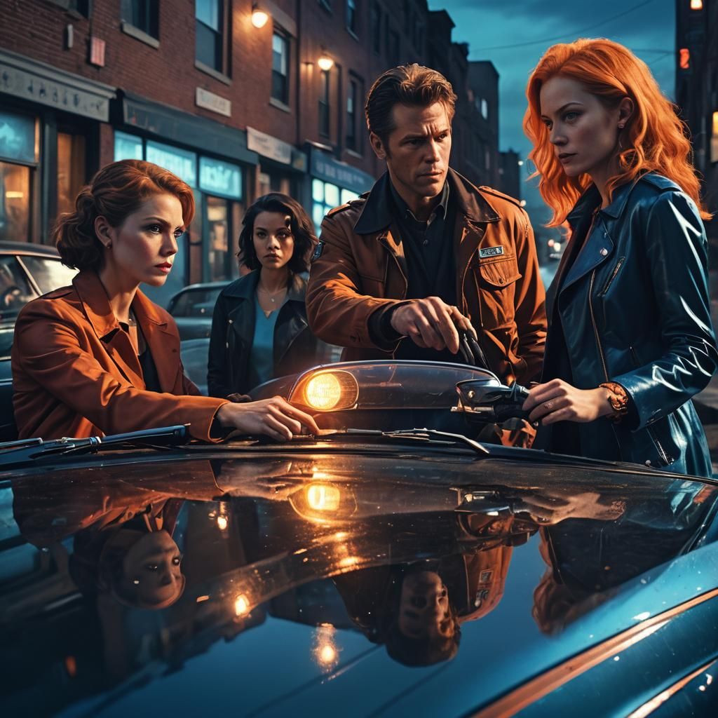 Neon Cityscape Film Noir Scene in Gorillaz Style