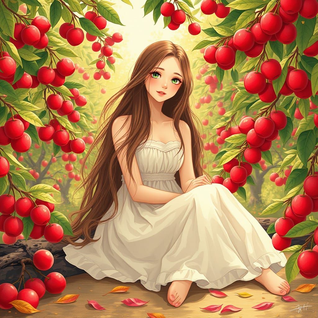 Girl in Litchi Orchard, Collage Style Digital Art
