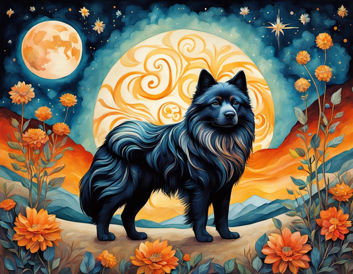 Majestic Finnish Lapphunds with Feathers in Art Brut Style