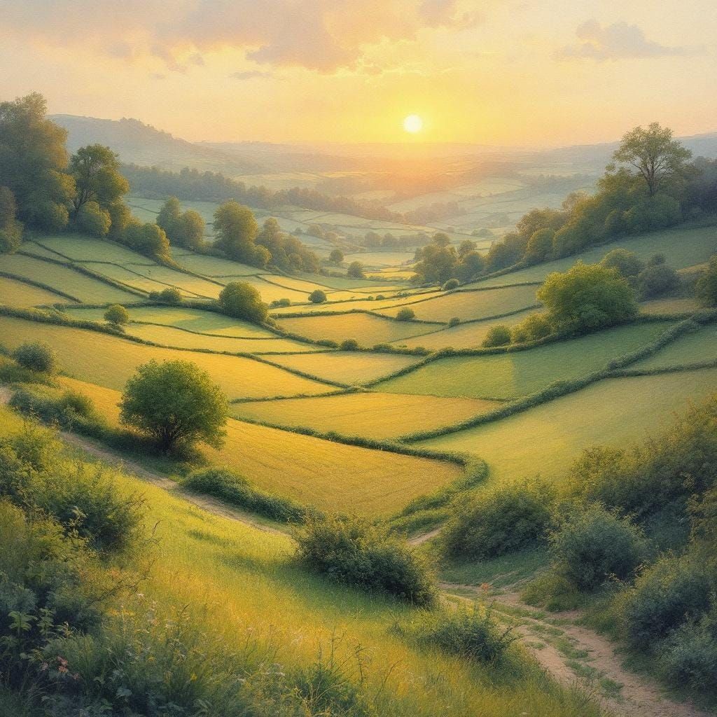 Watercolor Countryside Valley at Sunrise