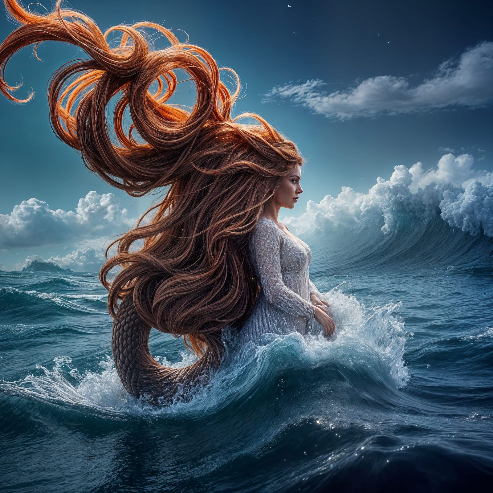 Red-Haired Mermaid Emerges from Stormy Seas