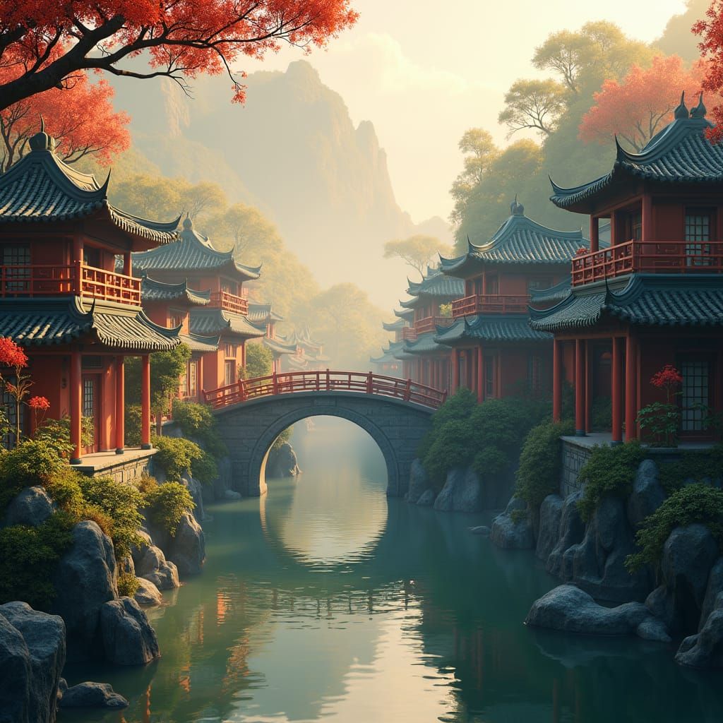 Chinese Village in Anime Style Matte Painting