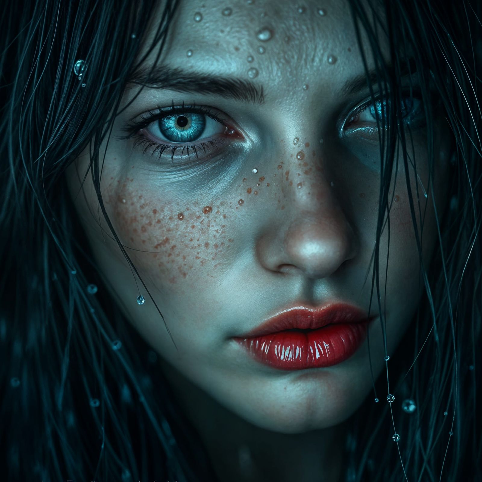 Hyperrealistic Portrait of a Young Woman in Rain