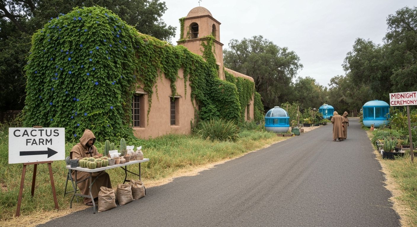 Cactus Farm Adobe Mission with Hooded Monk