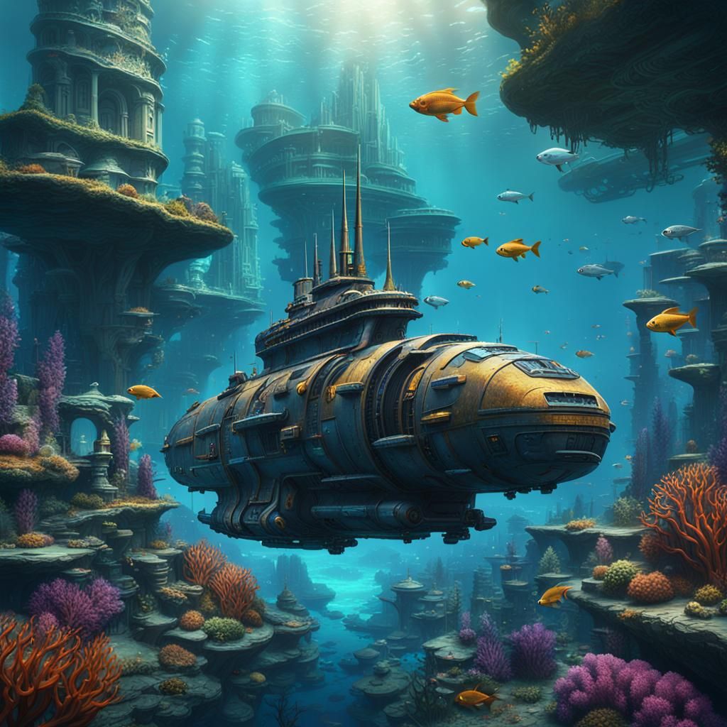 Underwater Cityscape with Submarine: Fantasy Concept Art