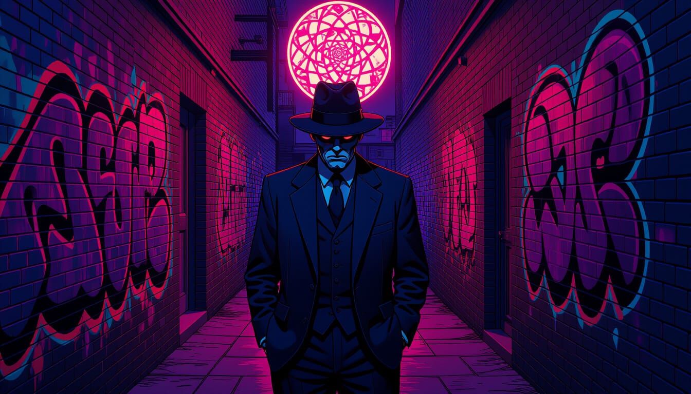 Eerie Dope Peddler in Alleyway with Fractal Art Nouveau