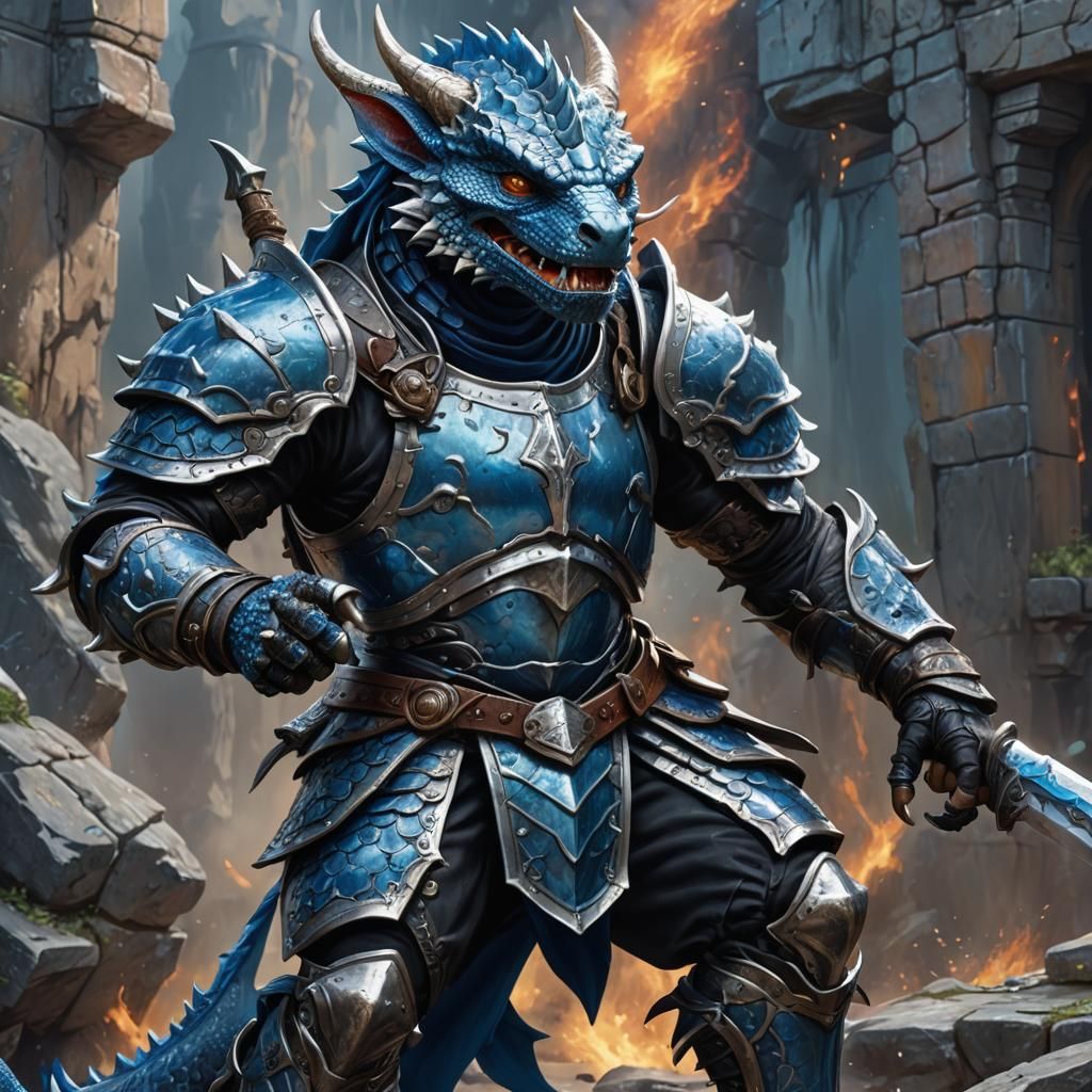 Blue Kobold Warrior in Black and Silver Armor