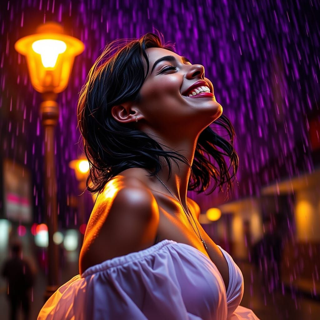 Vibrant Woman Illuminated by Golden Street Light in Hyperrea...