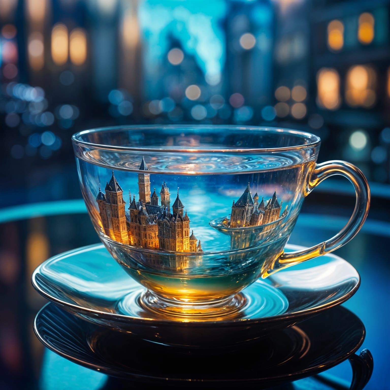 Detailed City Inside Teacup With Mermaids