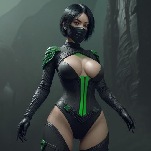 Caucasian Woman in Green Bodysuit: Digital Matte Painting