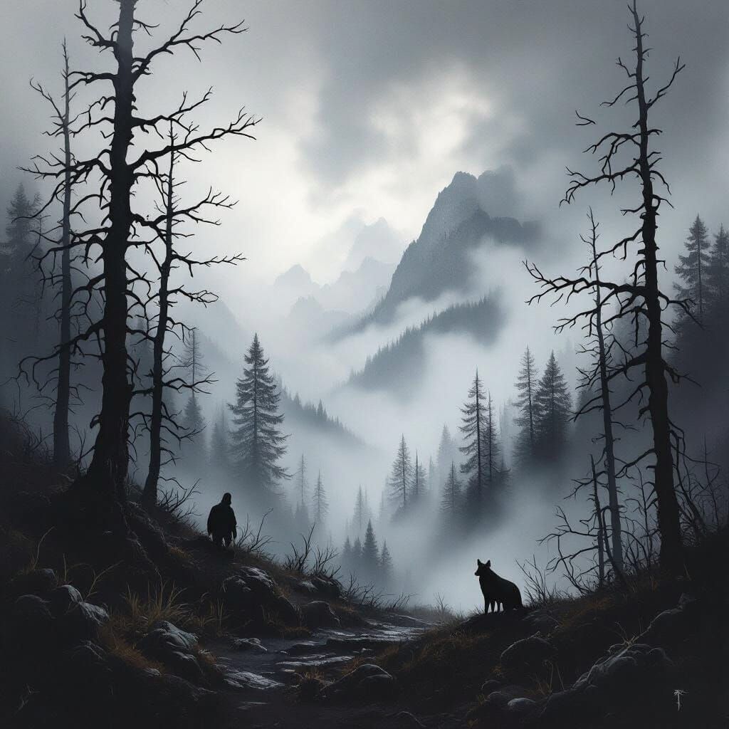 Dark Mountain Forest in Black and White