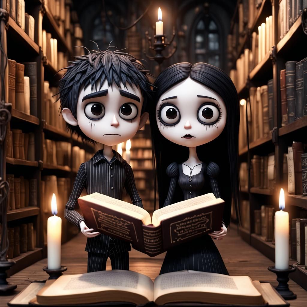 Chibi Couple in Gothic Bookstore, 3D Anime Art