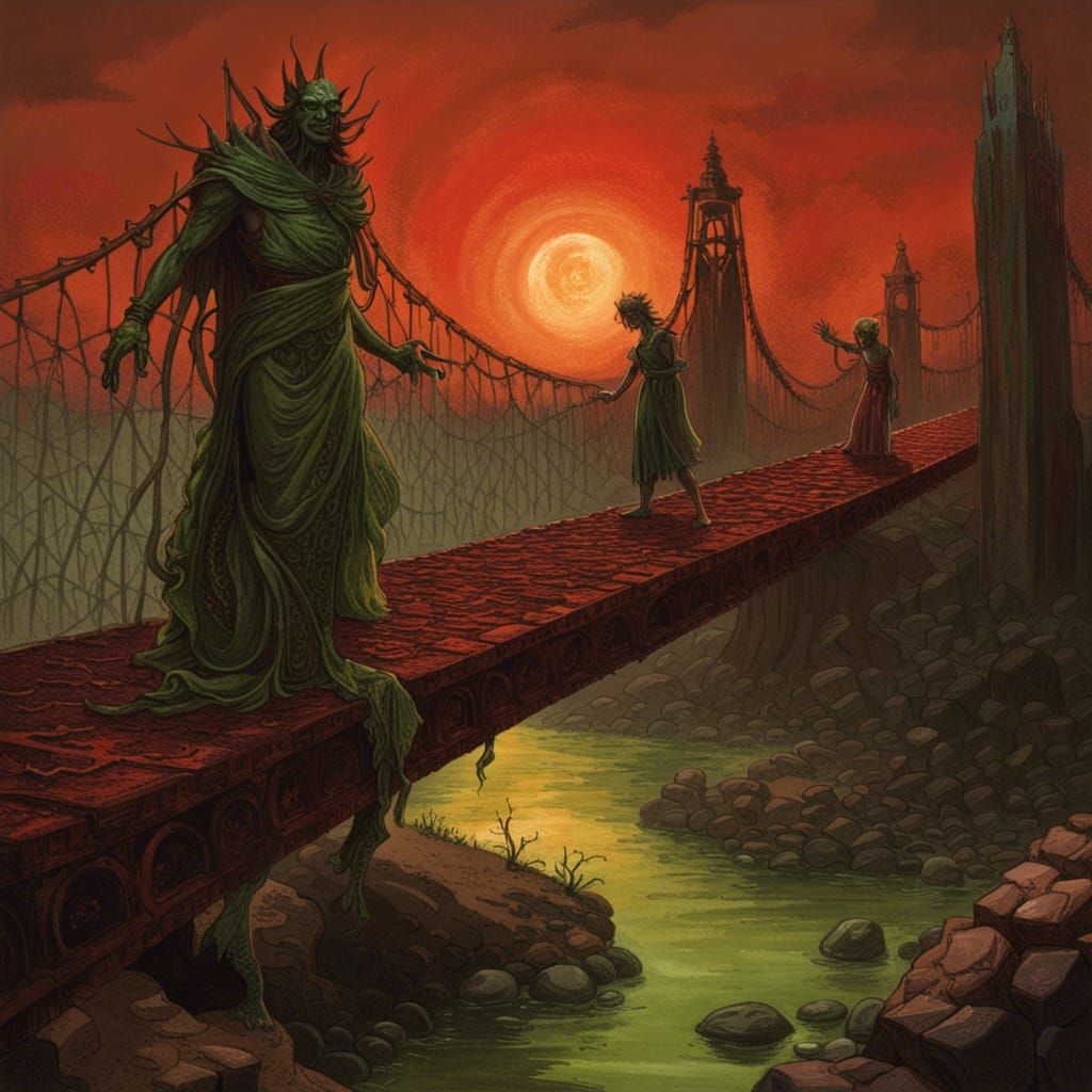 Horror Landscape with Bridge, Green Sun, Red Sky
