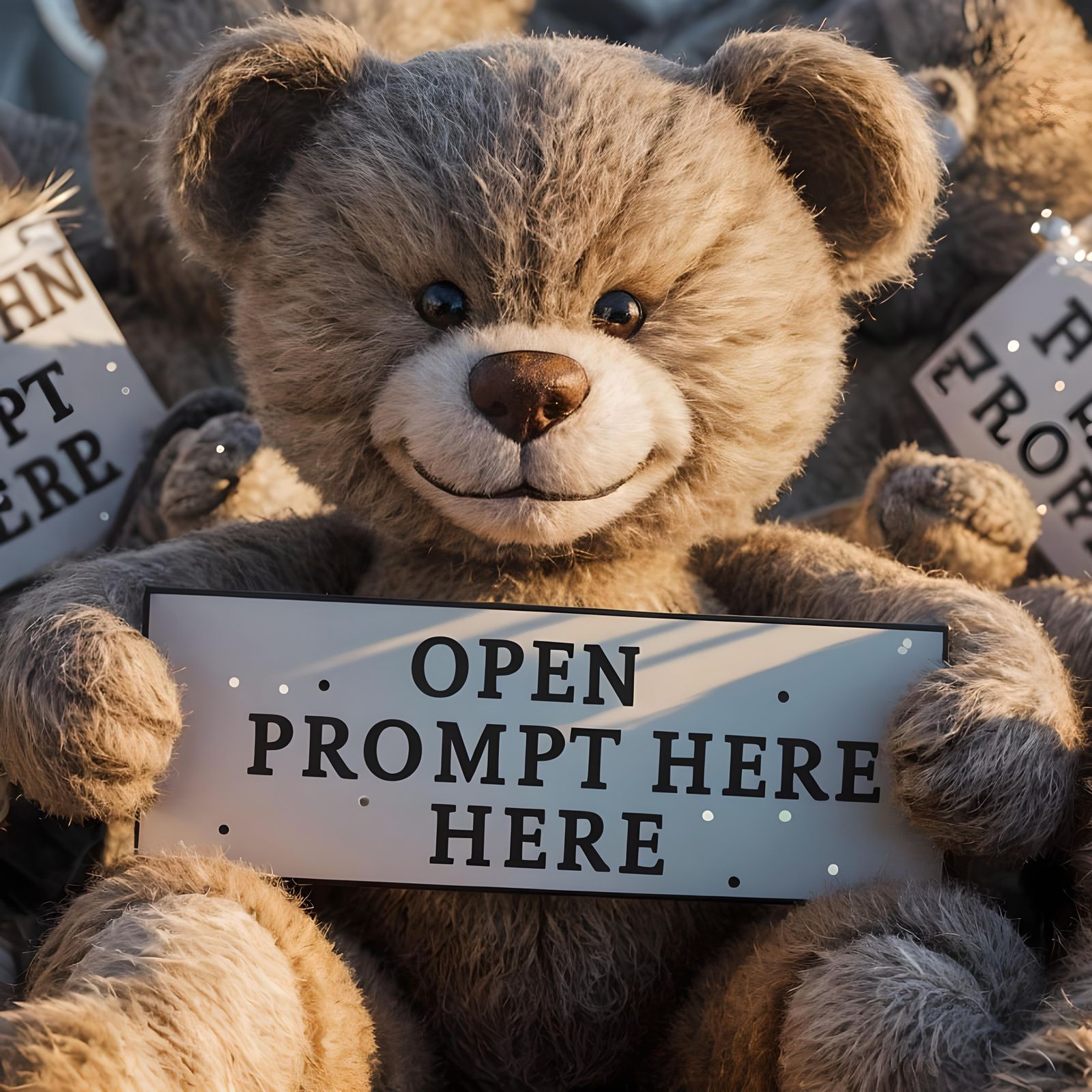 Smiling Teddy Bear Holding Open Prompt Sign