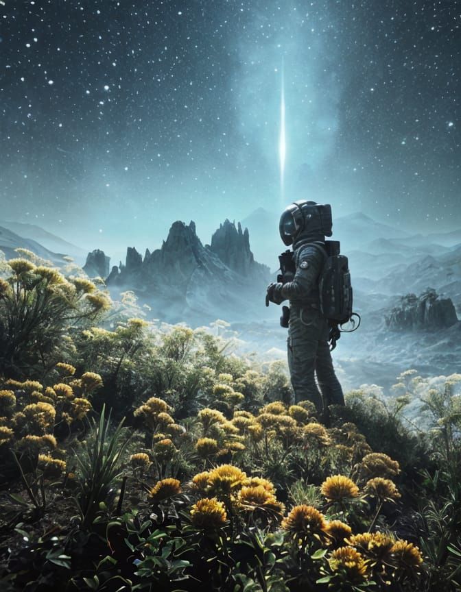 Astronaut Tends Alien Garden on Moon, Earth Shimmers