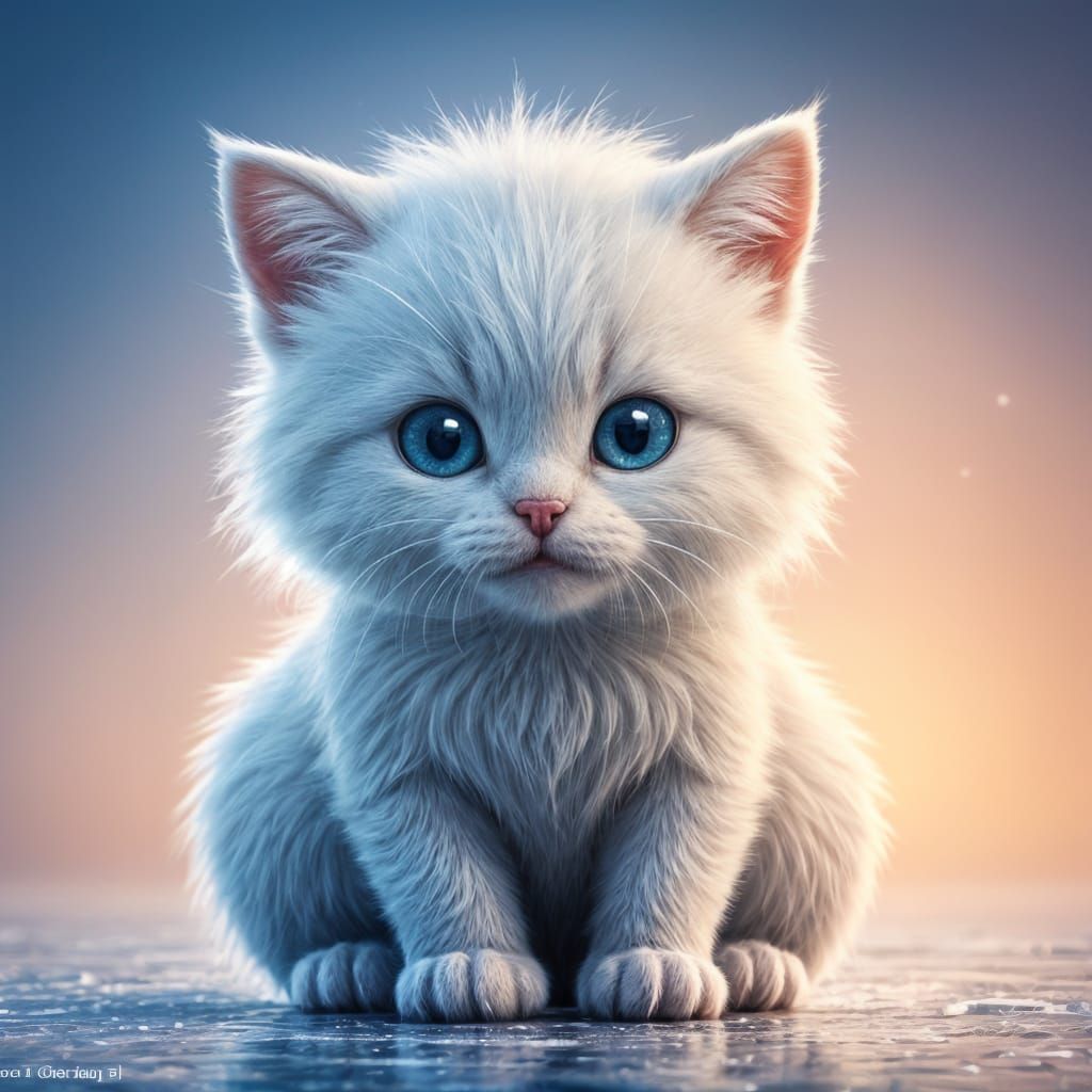 Adorable Snow Kitten on Ice: 3D Digital Art