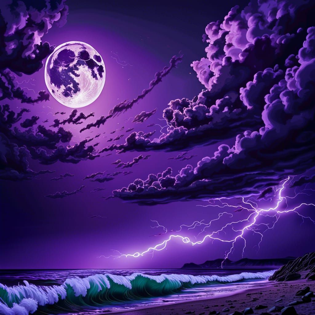 Dramatic Lightning Storm Over Ocean Under Full Moon