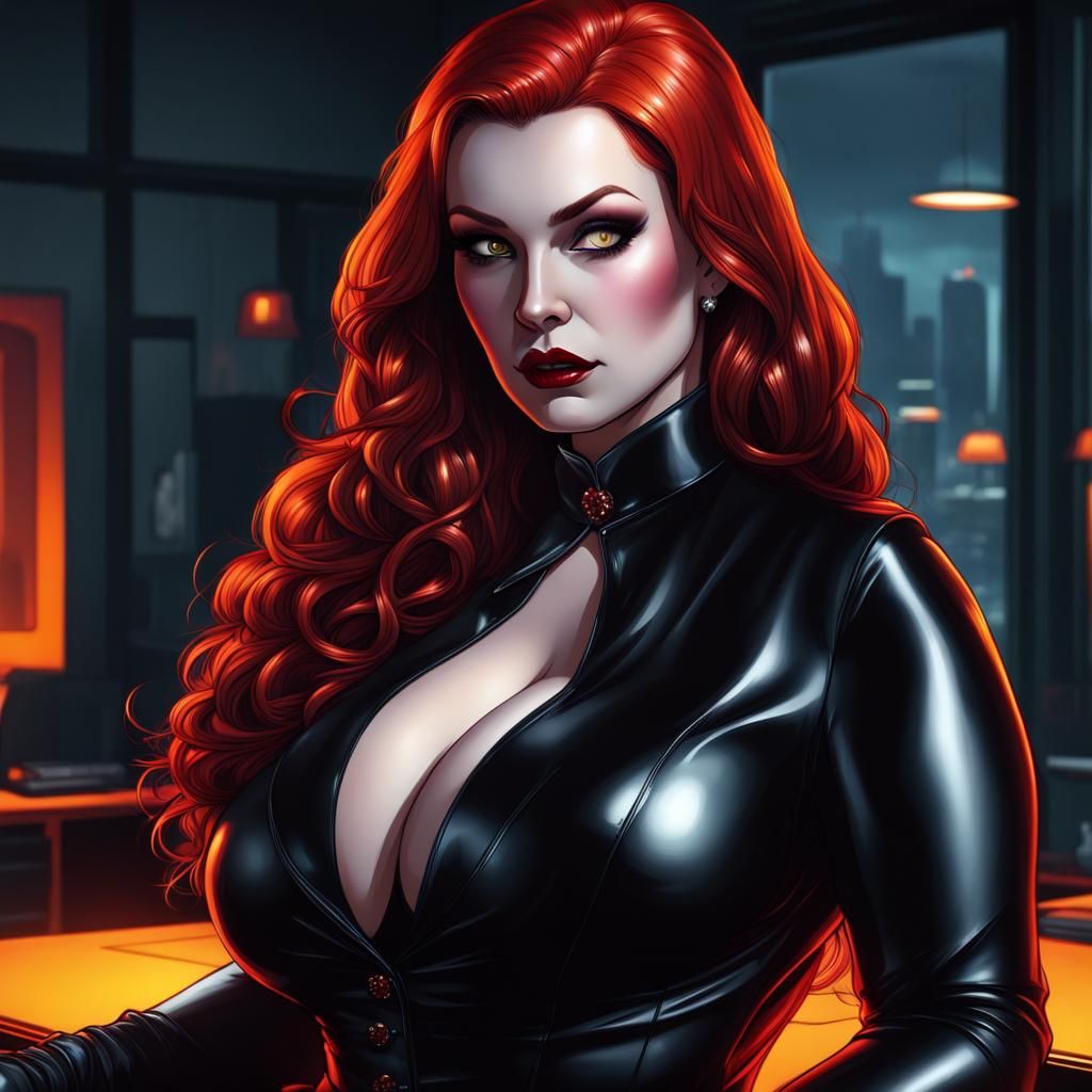 Redhead Vampire in Neon Office, Digital Illustration