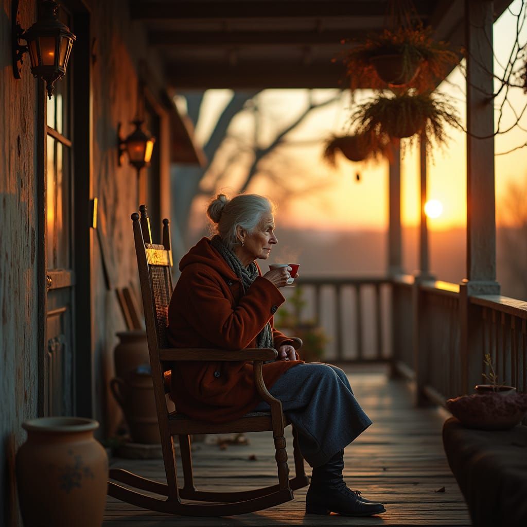 Elderly Woman Enjoying Sunset: Hyperrealistic Photography