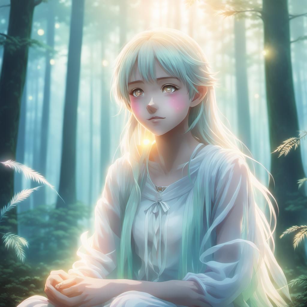 Anime Girl in Misty Forest with Glowing Aura