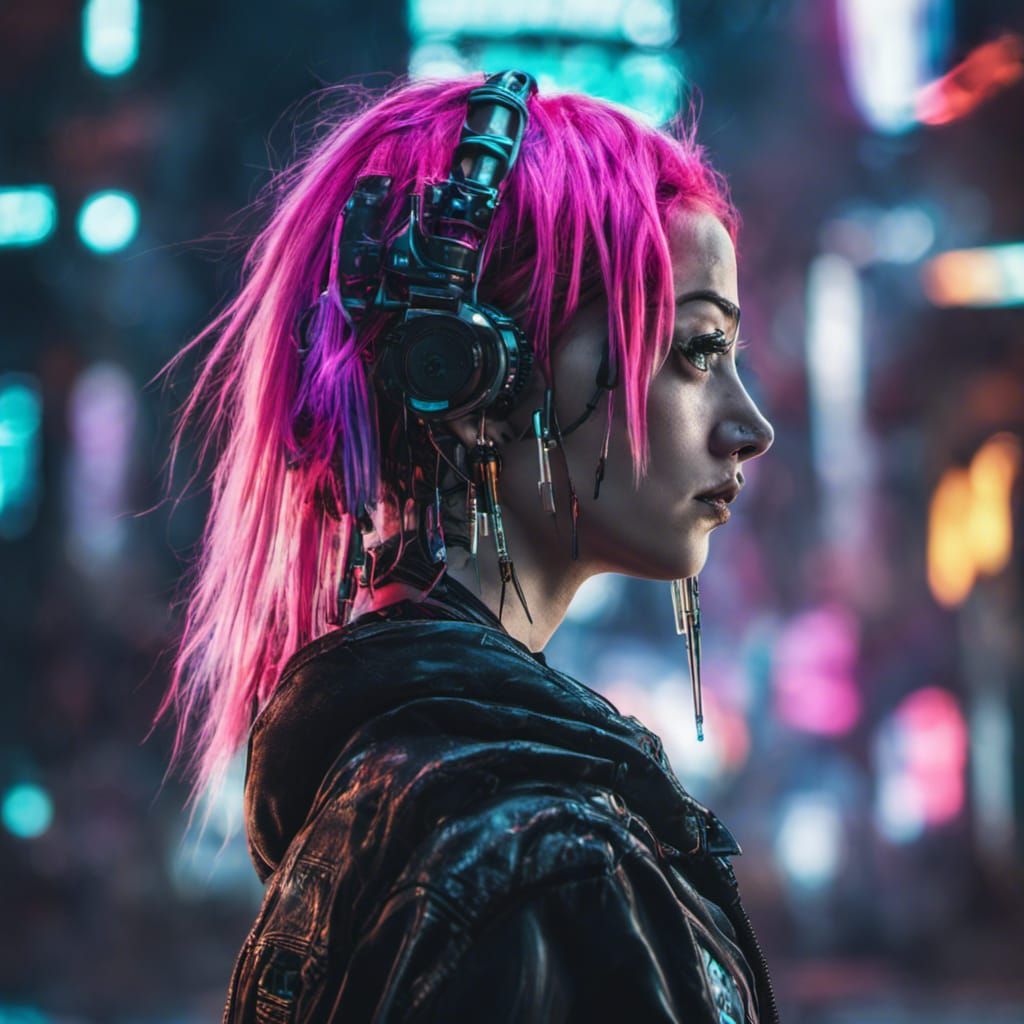 Cyberpunk Girl with Neon Hair in HDR