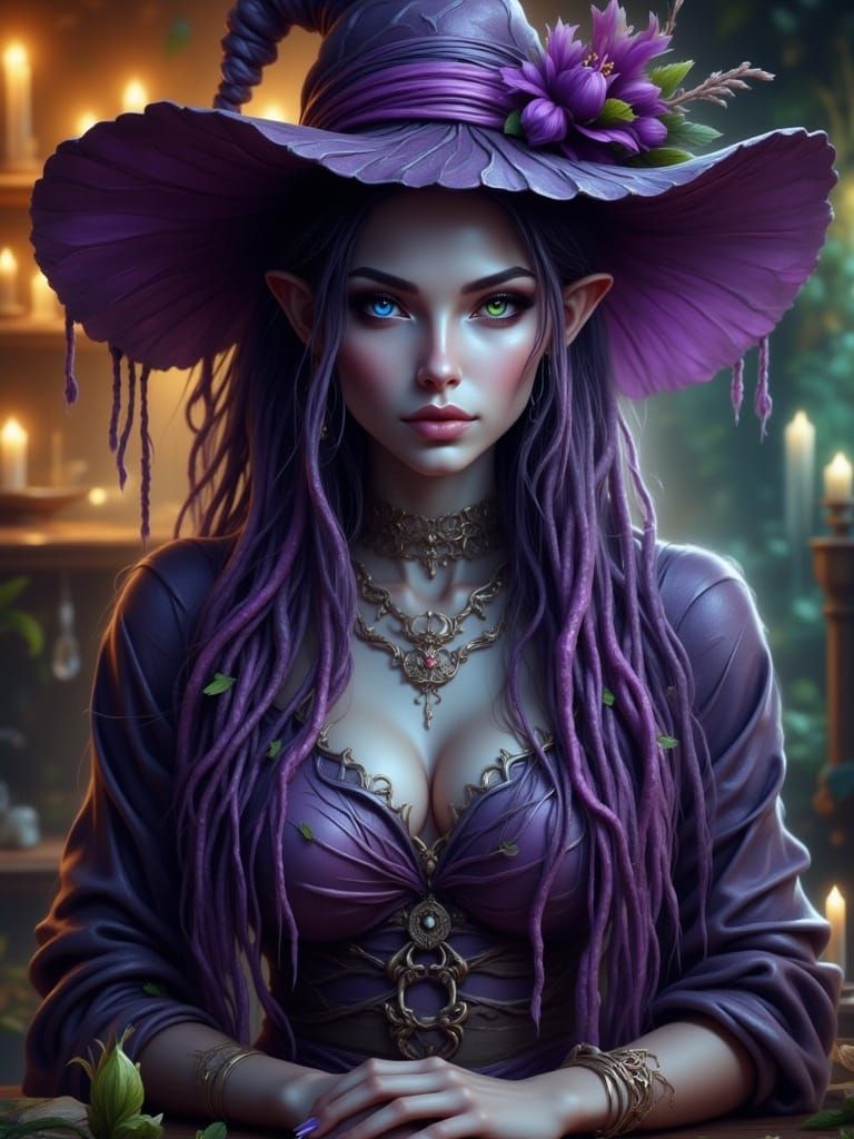 Elf Sorceress in Apothecary Shop with Witch Hat