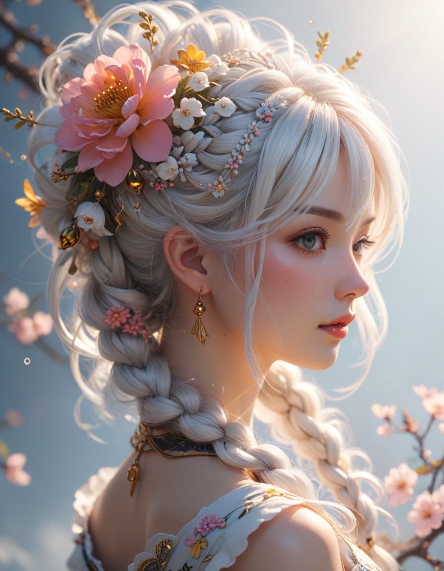 Surreal Anime Portrait of a White Haired Girl with Vibrant J...