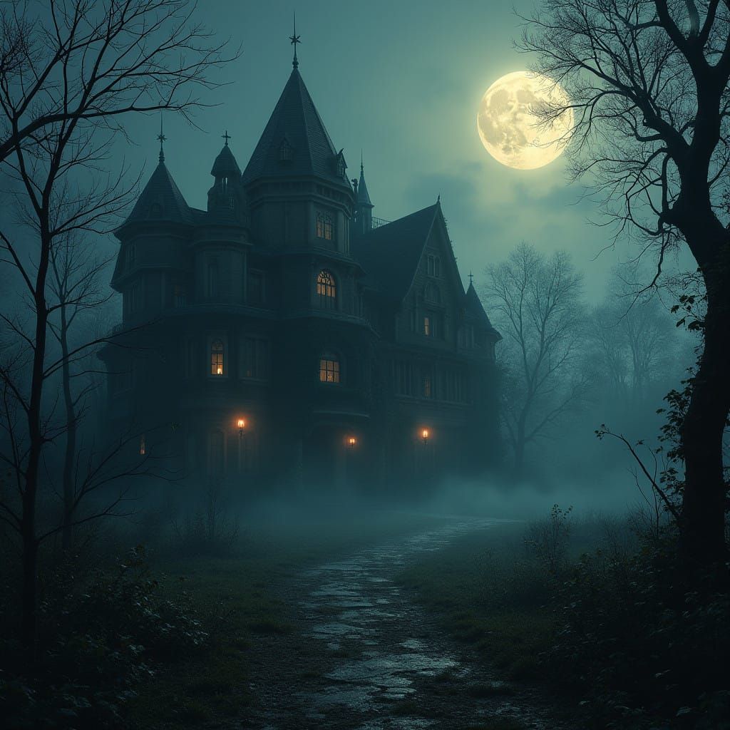 Haunted Elegance Under Silvery Moonlight