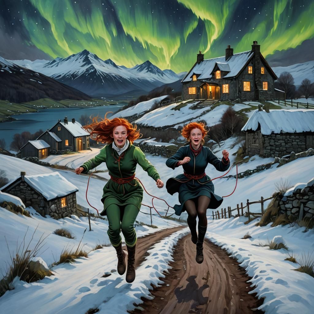 Redhead Jumps Rope Under Aurora Borealis, Oil Painting