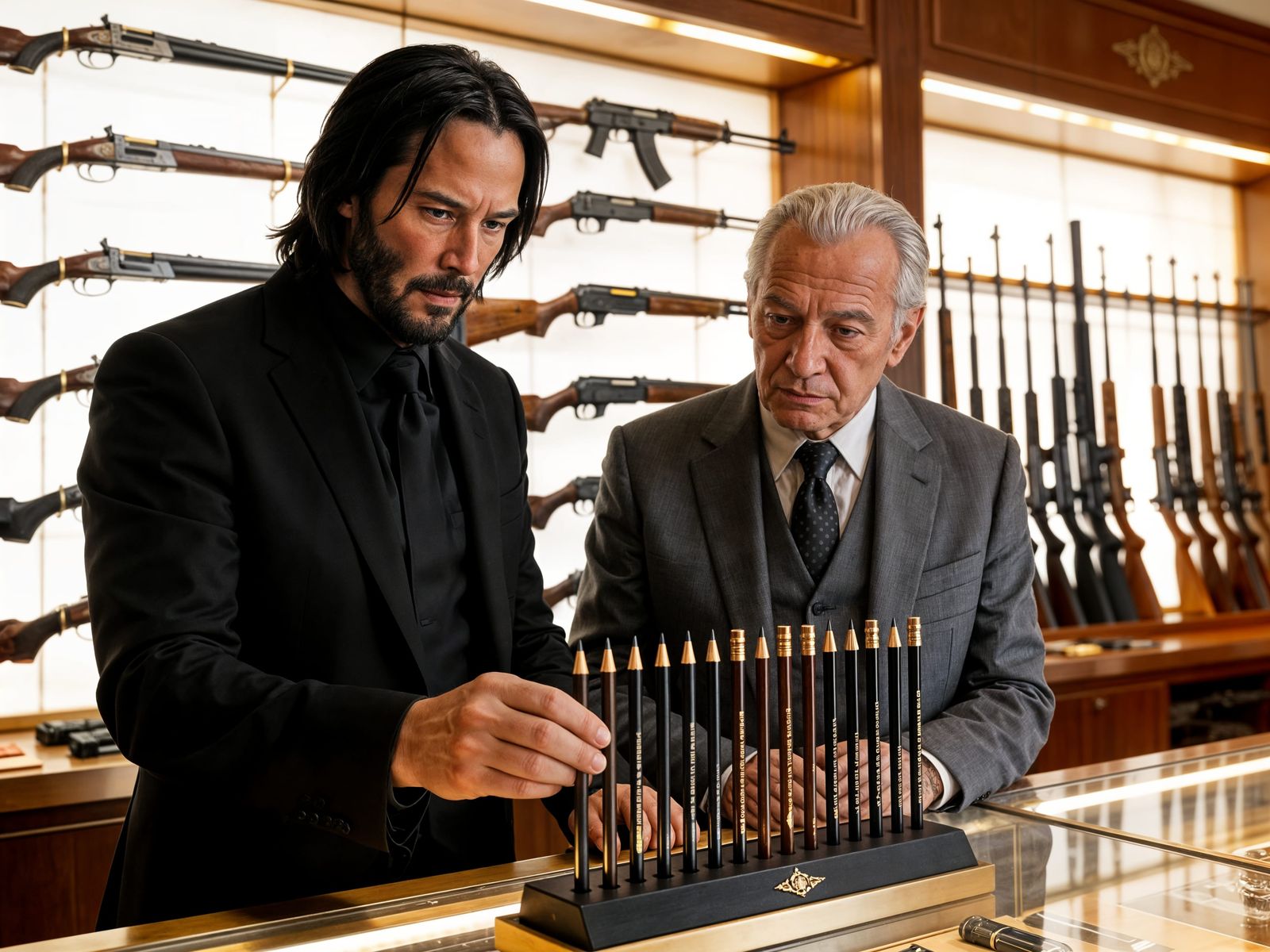 John Wick Examines High-End Pencils in Gun Shop