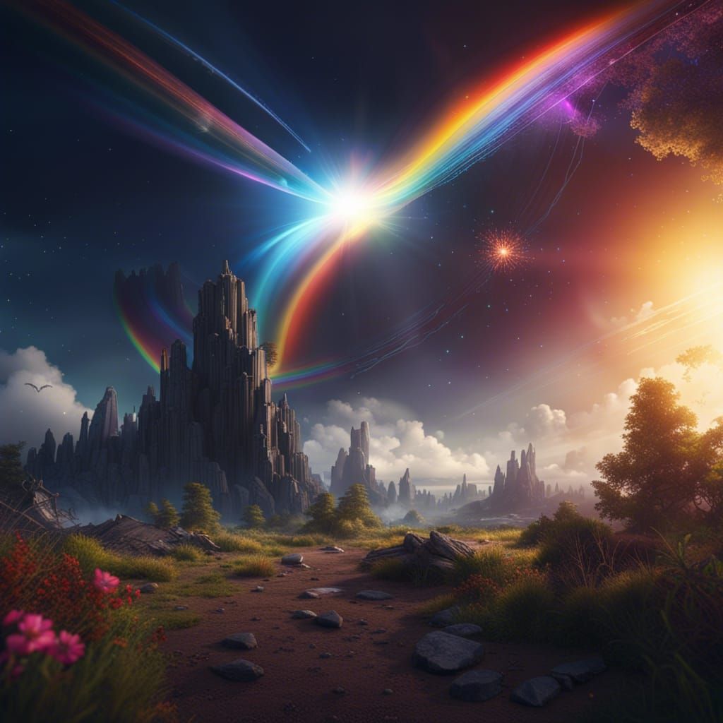 Solar Eclipse with Comet and Rainbow in Fantasy Art