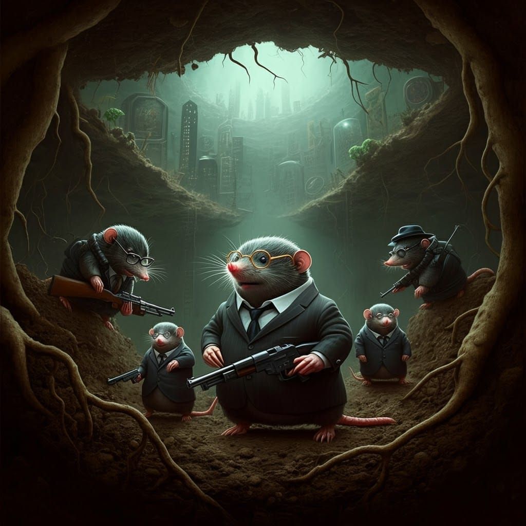 Gangster Moles in Underground Cityscape, Comic Style