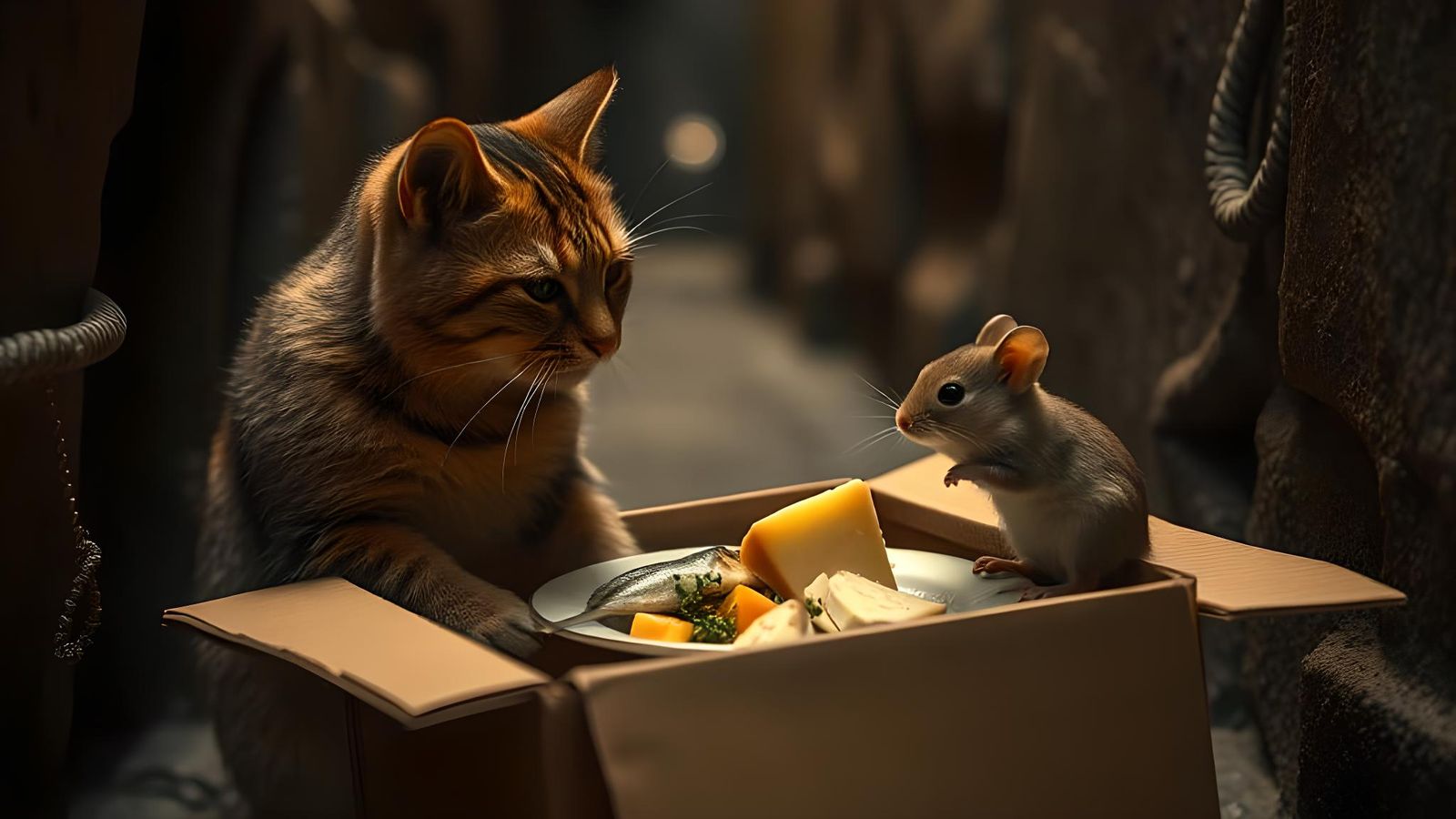 Cat and Mouse Share a Meal in Alley