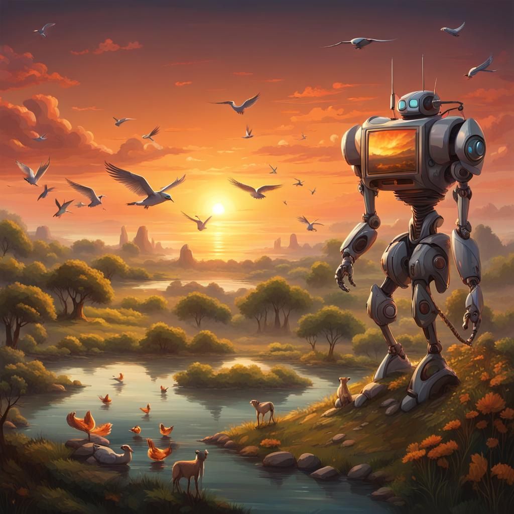 Robot in Sunset Landscape with Animals