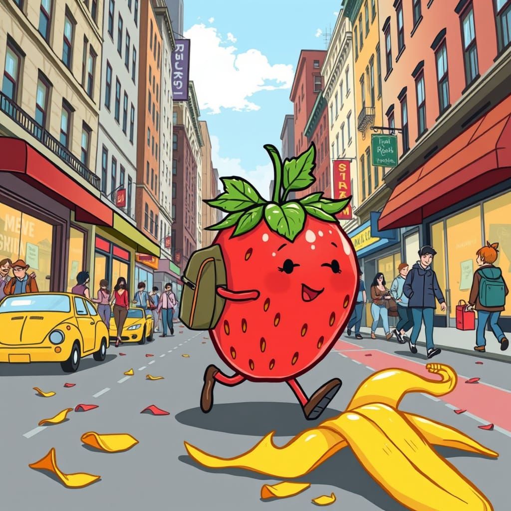 Whimsical Strawberry Takes a Tumble on City Streets