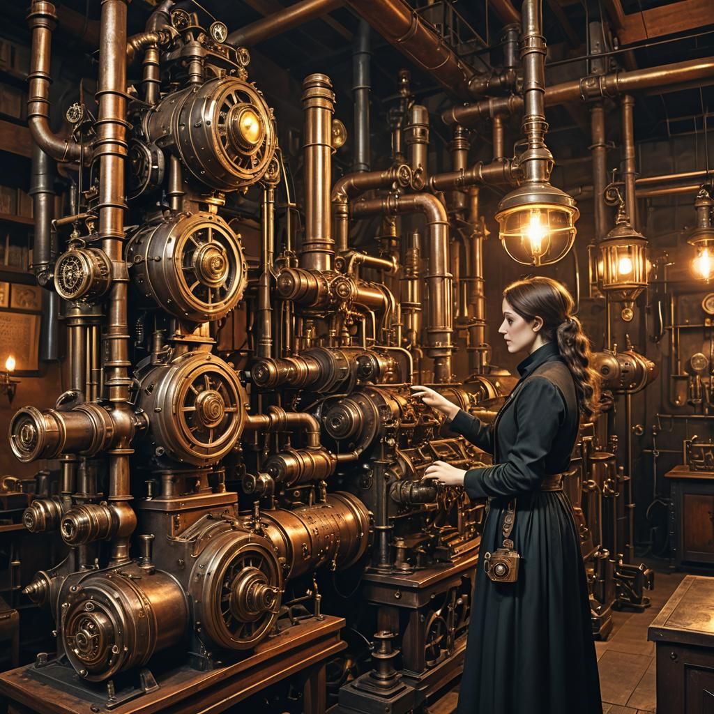 Steampunk Mother Superior Inspects Engine in Workshop