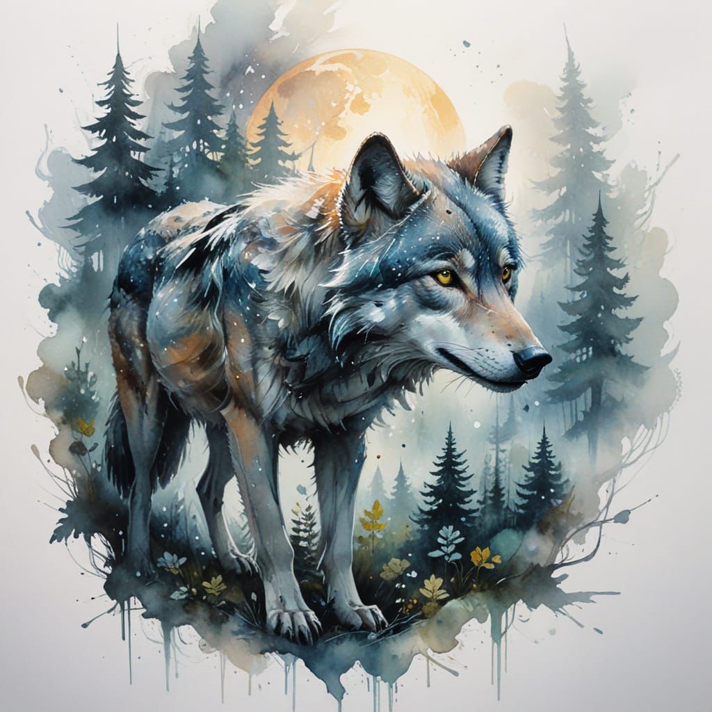 Wolf in Ethereal Moonlight, Fog-Shrouded Forest