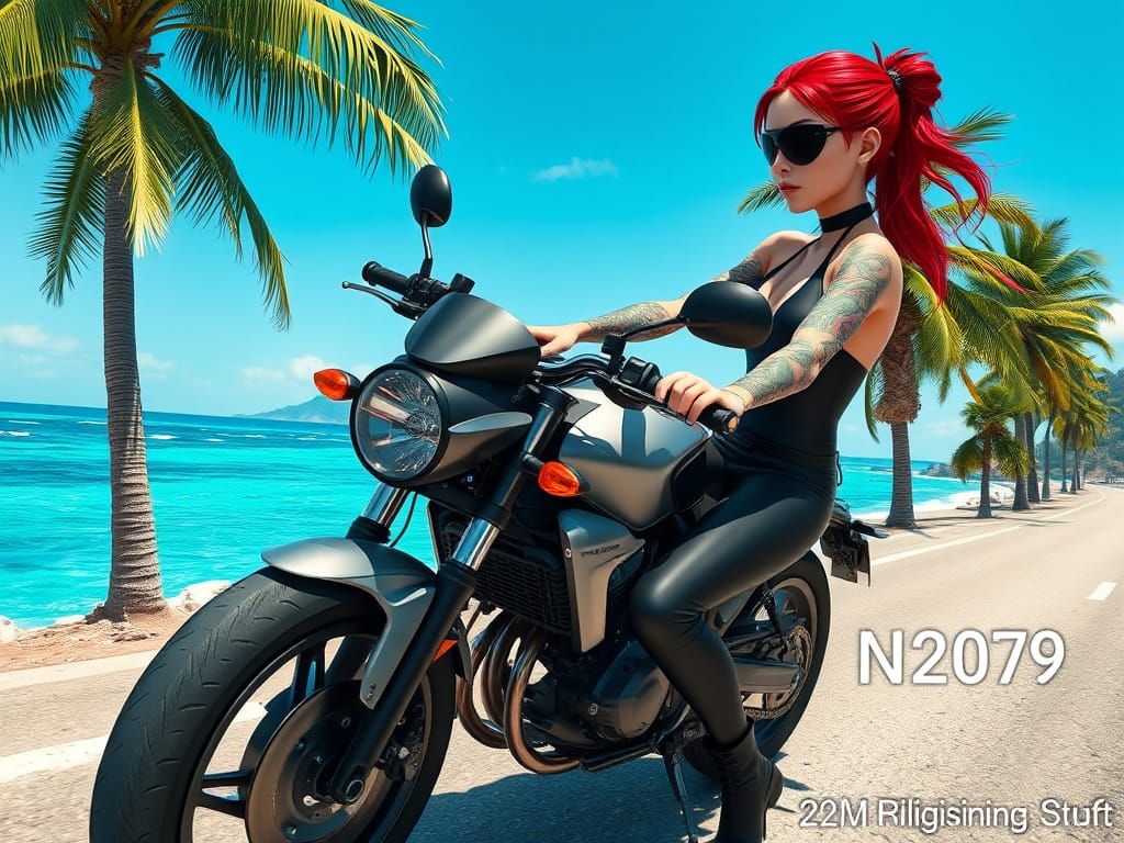 Anime Woman with Eyepatch on Motorcycle, 3D Art