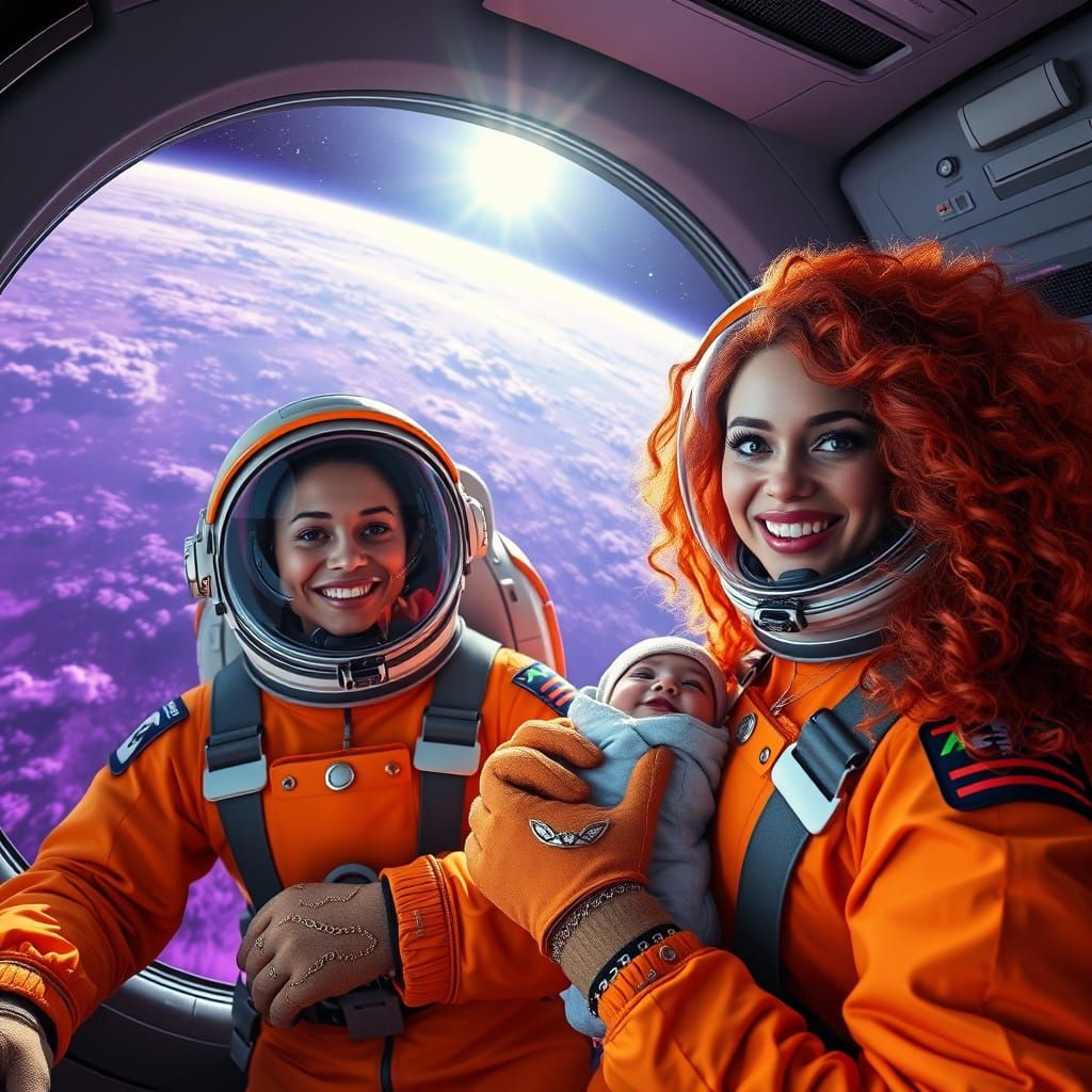 Astronauts in Shining Orange Suits Explore Vibrant Purple Co...