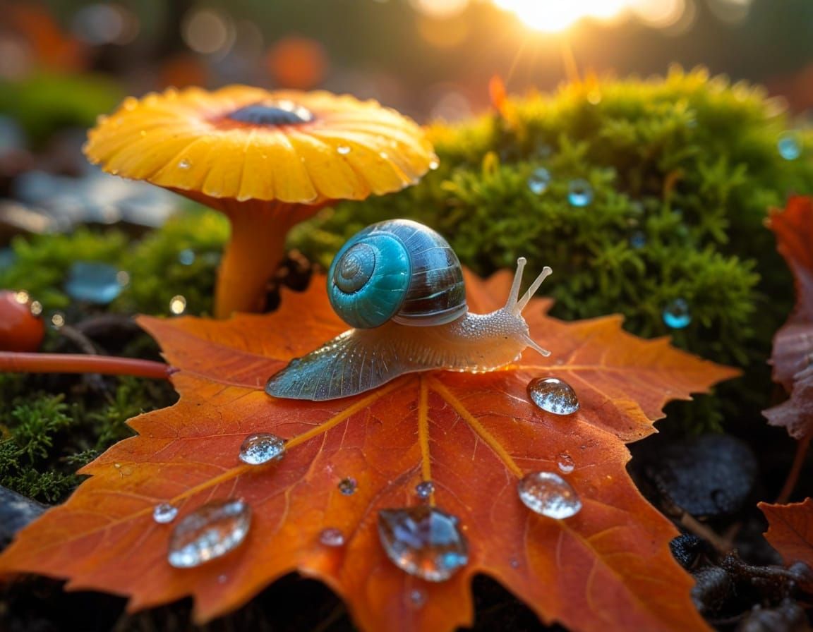 Iridescent Snail on Maple Leaf: Macro Photography