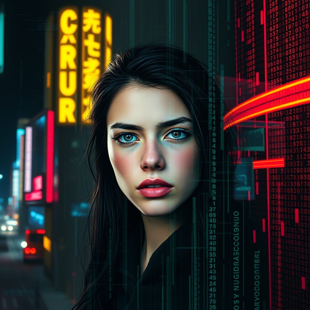 Young Woman Trapped in a Dystopian Digital Realm