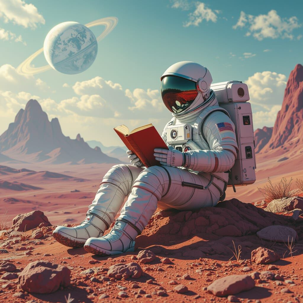 Astronaut Reads on Alien Planet: Detailed Matte Painting