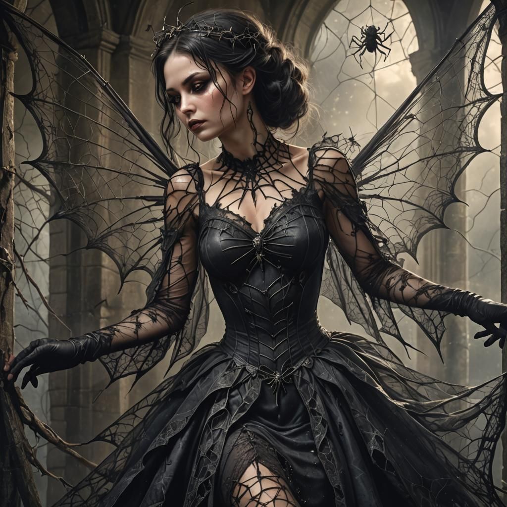 Gothic Fairy in Spiderweb Dress: Dark Fantasy Illustration