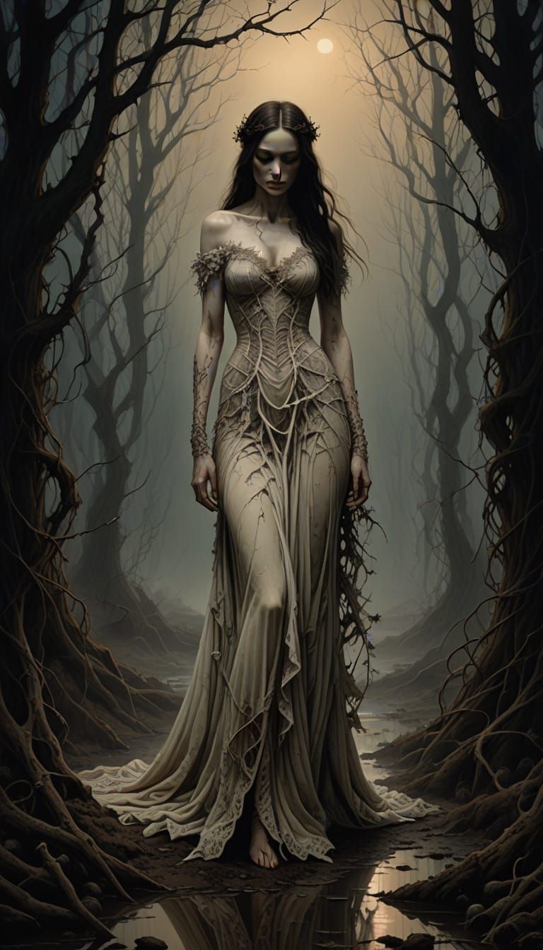 Gothic Woman Emerges from Murky Ruin