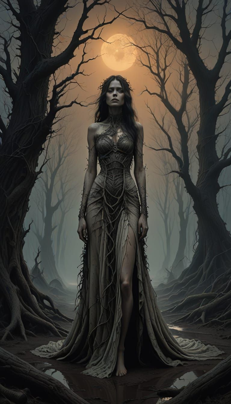 Gothic Goddess Emerges from the Mire in Dark Surrealist Styl...