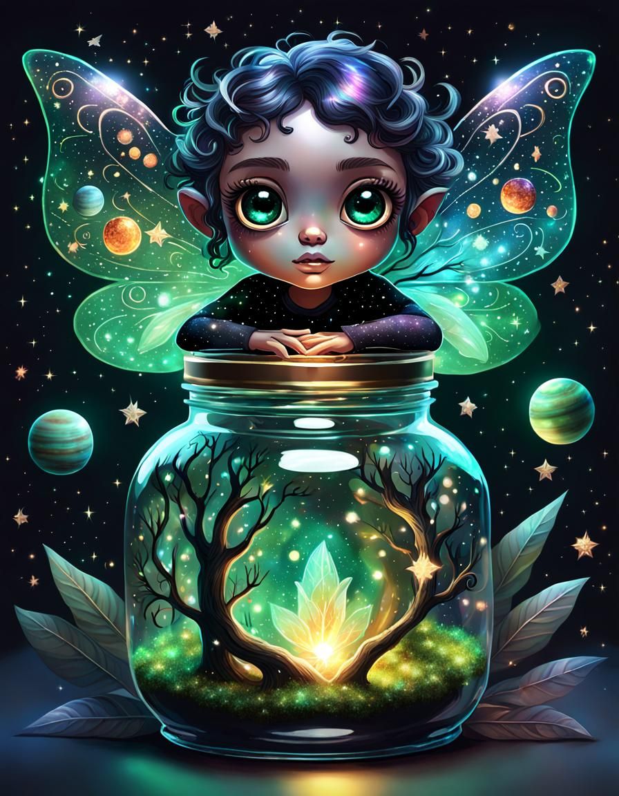 Cosmic Fairy with Planets in Glass Jar