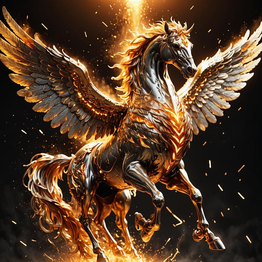 Golden Pegasus Soaring in Molten Metal, 3D Render