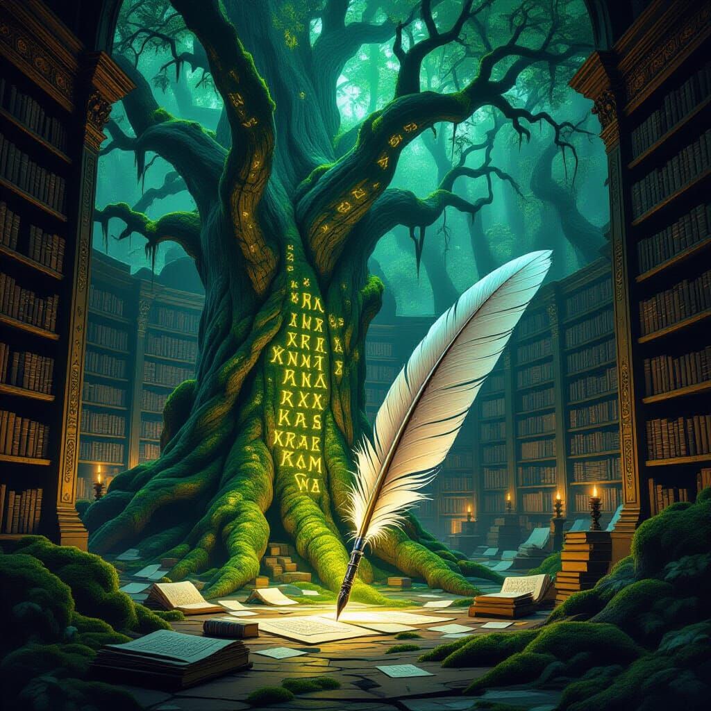 Ancient Library: Petrified Trees as Rune-Etched Bookshelves